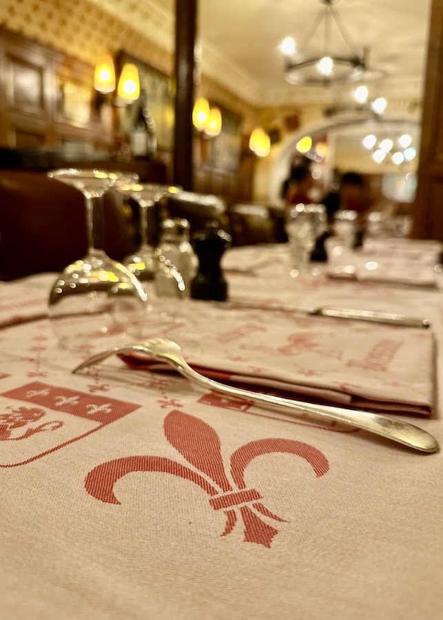 cotton tablecloth with fleur de lis auberge bressane, French Magnolia, At the Table, Beyond the Table, AUBERGE BRESSANE, Thomas Fraley, Chef Missy
