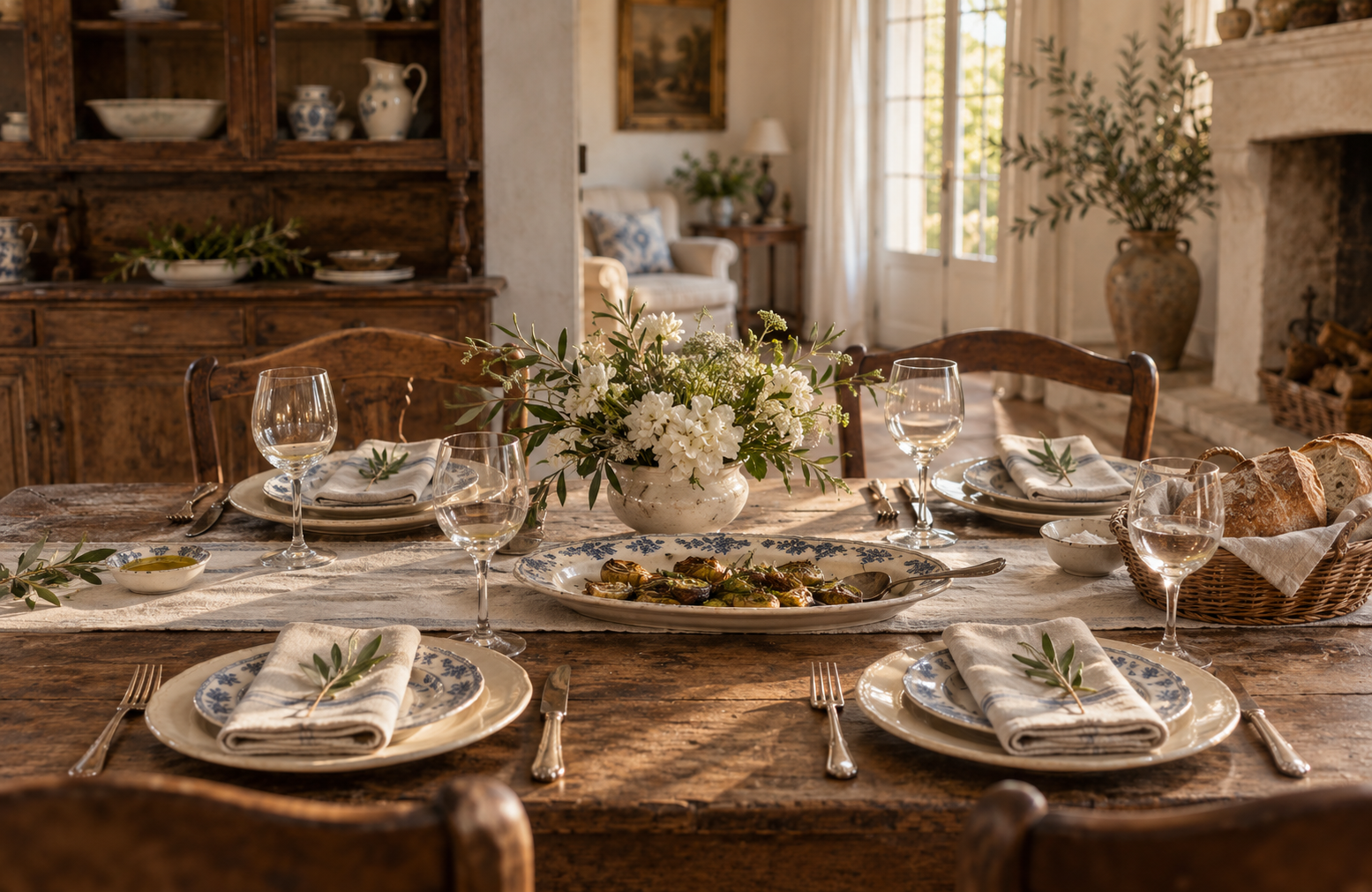 Around the Table French Country table set for four with blue-and-white plates, linen napkins, wine glasses, and a low arrangement of white flowers.