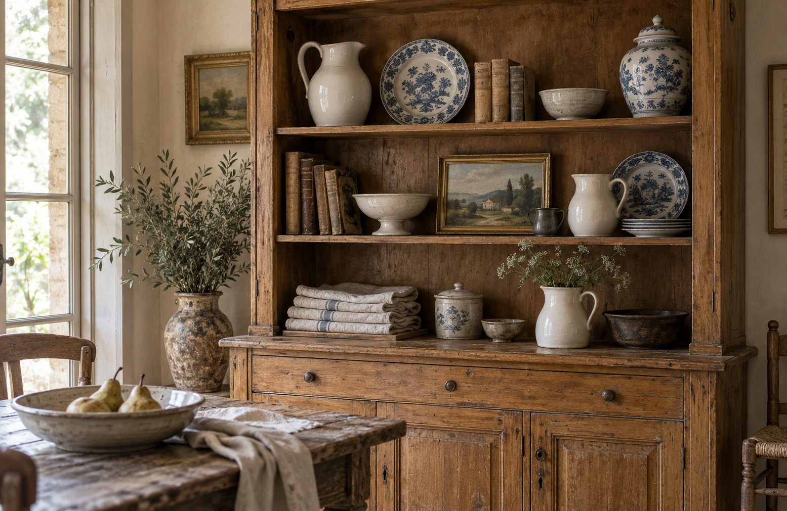 Collected Over Time Antique wooden cupboard filled with vintage ceramics, well-loved books, folded linens, and framed landscapes.