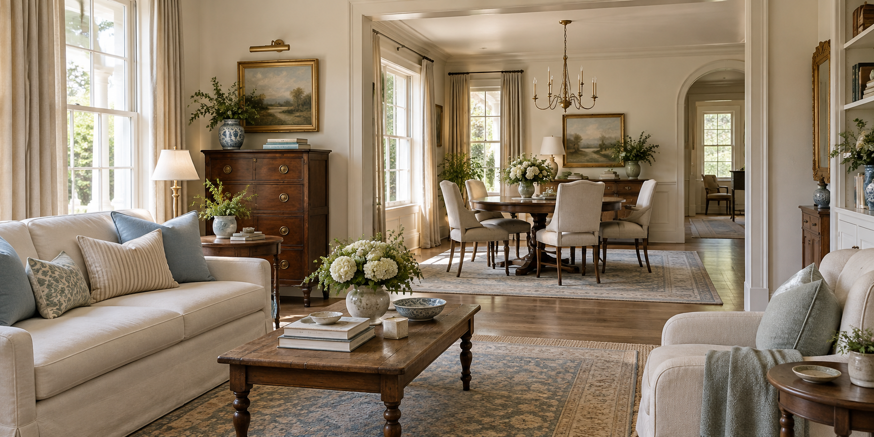 Connected living and dining rooms with coordinated linen furnishings, antique wood furniture, and soft blue accents.