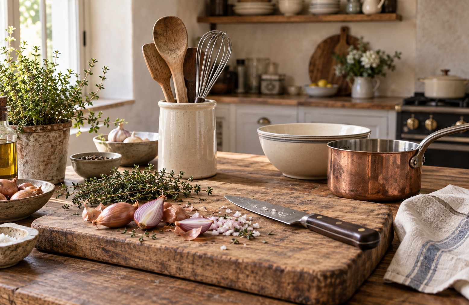 In the Kitchen Wooden cutting board with shallots and thyme beside a copper saucepan, ceramic mixing bowl, and crock of cooking utensils.
