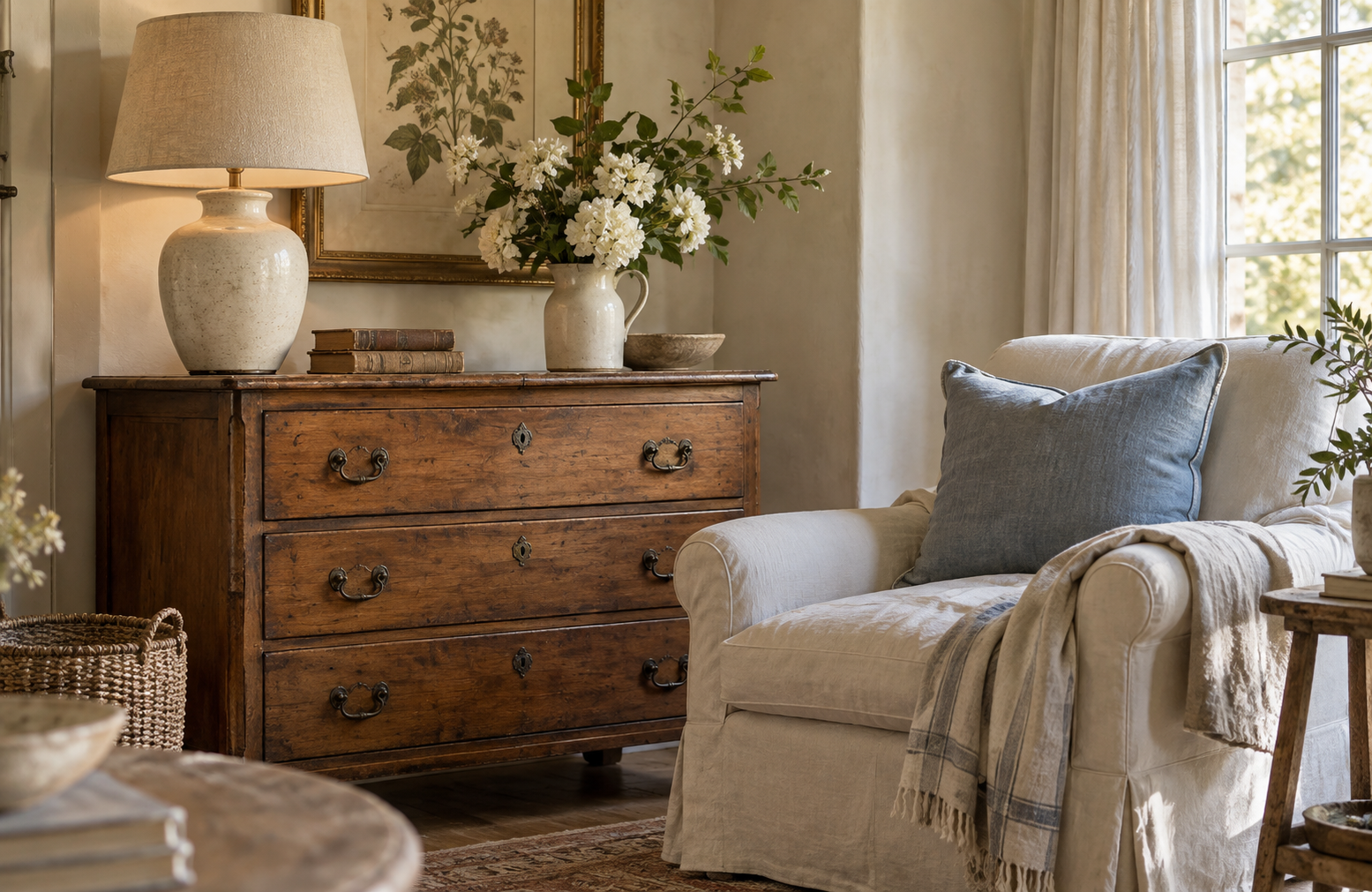 Throughout the Home Antique wooden chest with a ceramic lamp and fresh flowers beside a linen armchair with a soft blue cushion.