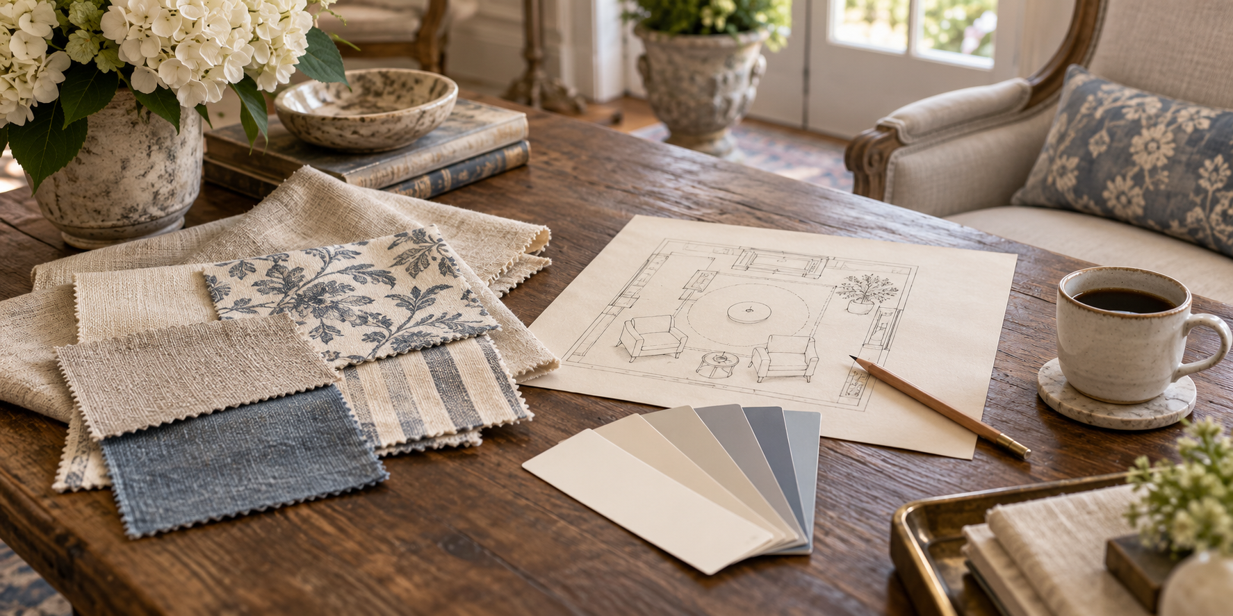 Linen fabric swatches, paint samples, and a room sketch arranged on a wooden table.