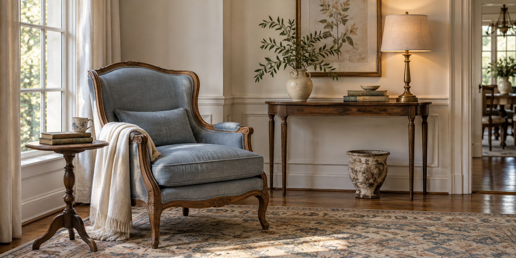 Blue upholstered chair with an ivory throw beside antique wood tables, a brass lamp, and botanical artwork.