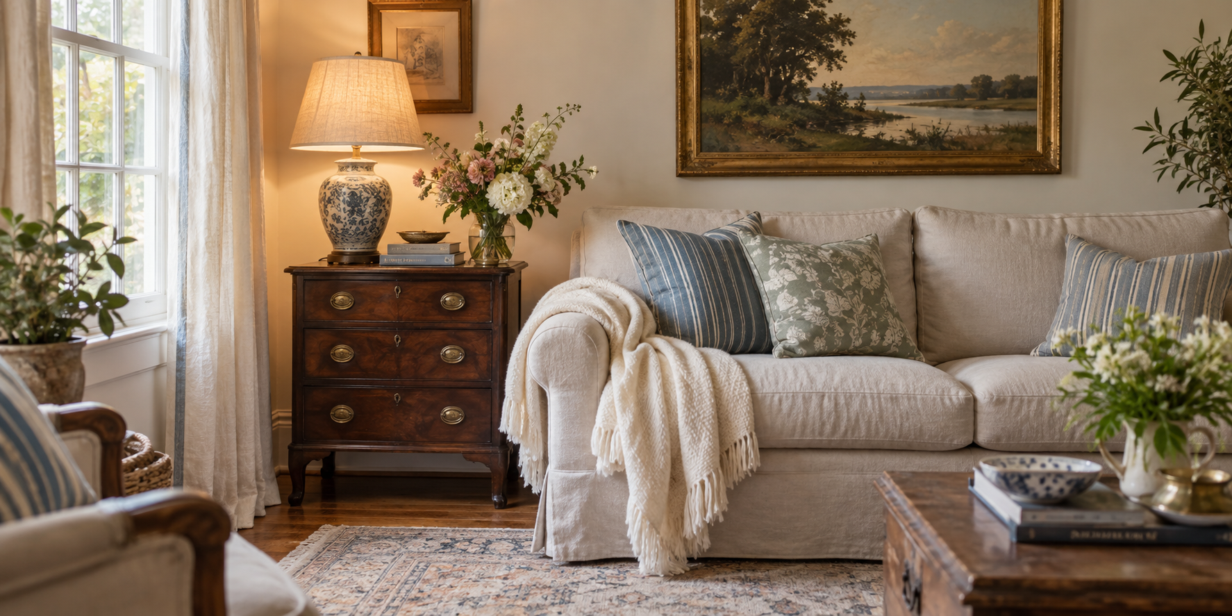 Linen sofa with blue and sage cushions beside an antique chest, ceramic lamp, and fresh flowers.